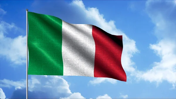 Bandiera Italia con tessuto realistico contro un cielo nuvoloso, anello senza cuciture. Mozione. Bandiera verde, bianca e rossa italiana. — Foto Stock