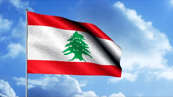 Flagge des Libanon vor dem Hintergrund von Wolken, die am blauen Himmel schweben. Bewegung. Abstrakte grüne Zeder und eine libanesische Flagge, nahtlose Schleife. — Stockfoto