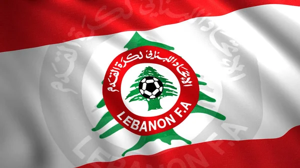 Λιβανέζικη Ποδοσφαιρική Ομοσπονδία κυματίζει πολύχρωμη σημαία. Κίνηση. Αφηρημένη πράσινη κέδρος και μια μπάλα στο έμβλημα της σημαίας του Λιβάνου. Μόνο για εκδοτική χρήση. — Φωτογραφία Αρχείου