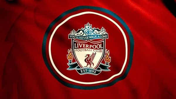 Bendera merah dari tim sepak bola Liverpool. Gerak. Sebuah mengembangkan bendera terang untuk penggemar sepak bola. Gunakan hanya untuk editorial. — Stok Foto