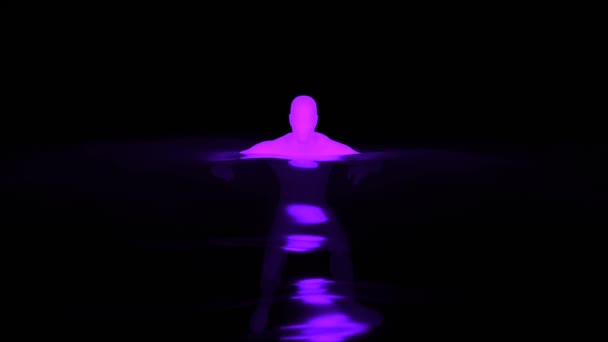 Visualisasi abstrak dari siluet ungu jantan berenang di air gelap. Desain. Man bergerak dalam air pada latar belakang hitam. — Stok Video
