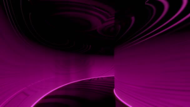 Abstraktní růžová ohnutá chodba s neonovou září, hladkou smyčkou. Design. Létání pozpátku v temné chodbě. — Stock video