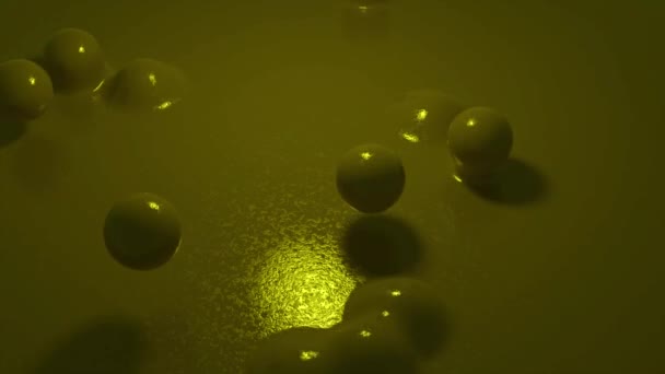 Animação em loop 3D com belas pequenas esferas voando de tinta líquida e caindo dentro. Desenho. Saltando bolas coloridas na textura líquida. — Vídeo de Stock