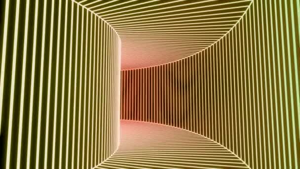 Abstrakt orange böjd korridor med neon glöd, sömlös loop. Design. Flyger genom den randiga korridoren. — Stockvideo