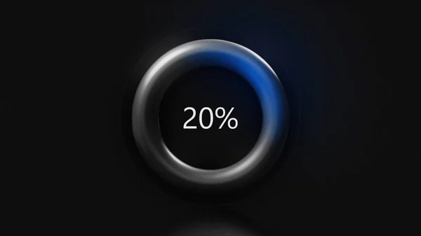 蓝色圆形径向百分比进展环在黑色背景上.行动。上传或下载过程的抽象可视化. — 图库照片