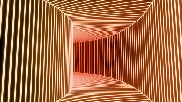 Abstract orange bended corridor with neon glow, seamless loop. Design. Flying through the striped corridor. — Stock Photo, Image