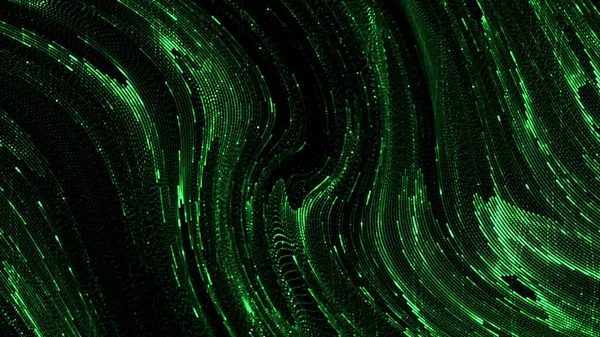 빛나는 행렬의 액체입니다. 움직임. 아름다운 녹색 사이버 유체의 흐름이죠. 흐르는 녹색빛나는 매트릭스 스타일의 액체 — 스톡 사진