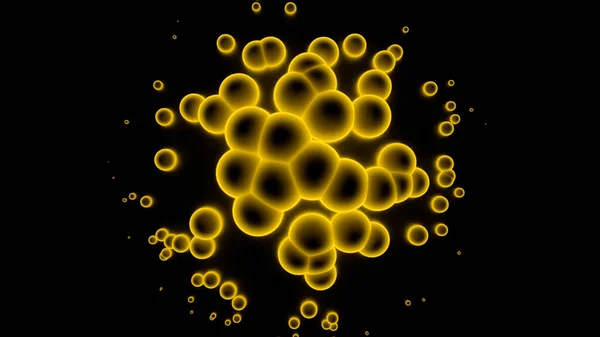 Sarı moleküller soyutlanmış gibi görünüyor. Tasarım. Siyah boş bir arkaplanda çalışan sarı parlak daireler — Stok fotoğraf