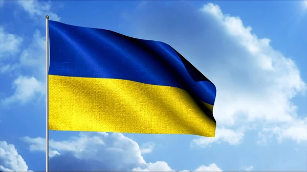 구름낀 하늘 배경에 선명 한 파란색 과 노란색의 깃발 질감이 반짝이고 있다. 움직임. 우크라이나 국기, 정치 개념. — 스톡 사진