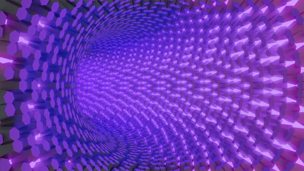 Túnel curvo em movimento com pontos de néon. Desenho. Túnel colorido com mudança de cores gradientes. Túnel vira e muda de cores — Fotografia de Stock