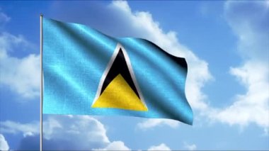 Gökyüzünde bayrak sallıyor. Hareket. Gök mavisi bir tarlaya sahip Saint Lucia bayrağı. Beyaz kenarlı siyah bir ikizkenar üçgenin önünde sarı bir üçgenle yüklenmiş..