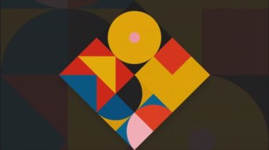 Parlak geometrik şekiller arka plan, kusursuz döngü. Hareket. Düz şekiller: üçgenler, kareler, daireler vs. ritimsel olarak hareket ediyor ve dönüşüyor.