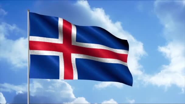 Ісландський прапор розмахує вітром з хмарною фоновою анімацією. Рух. Перехрещені кольорові смуги на синьому фоні тканини.. — стокове відео