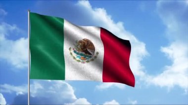 Mavi bulutlu arka planda 3 boyutlu dalgalanan Meksika bayrağı, kusursuz döngü. Hareket. Geniş yeşil, beyaz ve kırmızı çizgiler ve yuvarlak şekilli amblem..