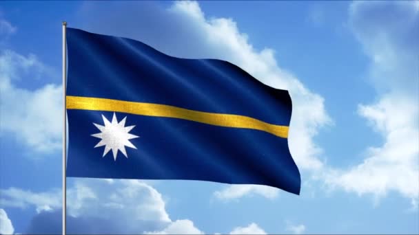 Vlag van Nauru wapperend op vlaggenmast in de wind, nationaal symbool van vrijheid. Beweging. Traditionele vlag symboliseert de trots van de natie, patriottische gevoelens. — Stockvideo