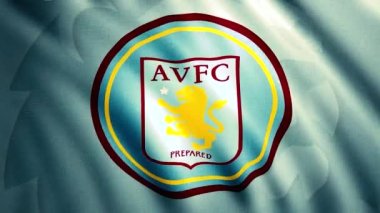 Soyut dalgalanan Aston Villa Futbol Kulübü Bayrağı, kusursuz döngü. Hareket. Aslan amblemiyle hareket eden renkli bayrak dokusu. Sadece yazı işleri için..