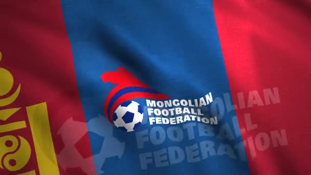 Abstract Bandeira da federação de futebol mongol com o emblema de uma bola. Moção. Conceito de desporto. Apenas para uso editorial. — Vídeo de Stock