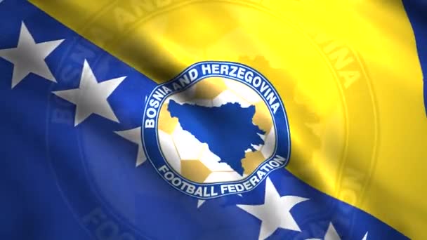 Bandera de la selección de fútbol de Bosnia y Herzegovina, bucle sin fisuras. Moción. Bandera móvil azul y amarillo con las estrellas. Únicamente para uso editorial. — Vídeo de stock