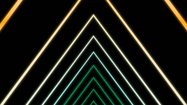 Linee triangolari al neon si muovono su sfondo nero. Progettazione. Tunnel in movimento centralizzato di linee triangolari. Tunnel triangolare di linee al neon — Foto Stock