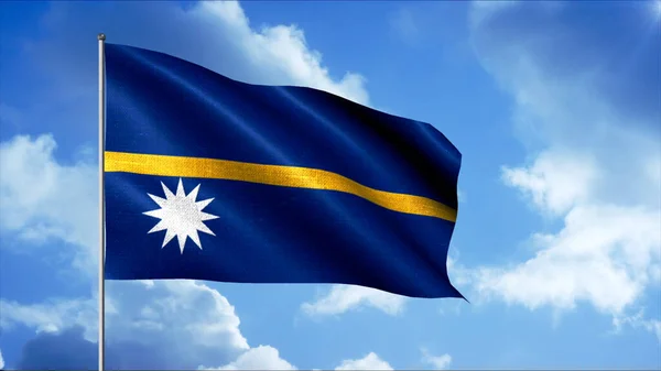 Nauru bayrağı rüzgarda bayrak direğinde sallanıyor, özgürlüğün ulusal sembolü. Hareket. Geleneksel bayrak ulusun gururunu, vatansever hisleri simgeliyor.. — Stok fotoğraf
