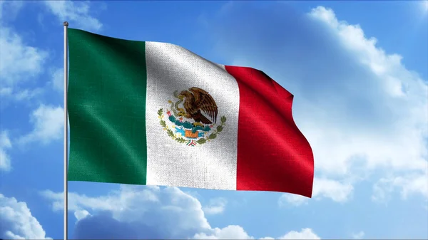 墨西哥国旗在蓝云的天空背景下挥动着3D效果,无缝回旋.行动。宽的绿色、白色、红色条纹和圆形徽章. — 图库照片