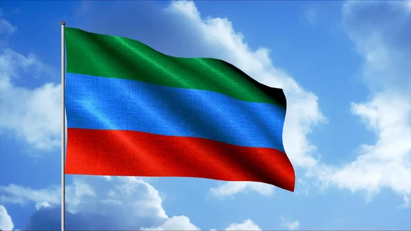Флаг Дагестана, машущий на флагштоке на ветру, национальный символ свободы. Движение. Традиционный флаг, символизирующий гордость нации, патриотические чувства. — стоковое фото