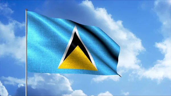 Размахивая тканями флага в небе. Движение. Флаг Сент-Люсии с церулевым синим полем, заряженным жёлтым треугольником перед чёрным равнобедренным треугольником. — стоковое фото