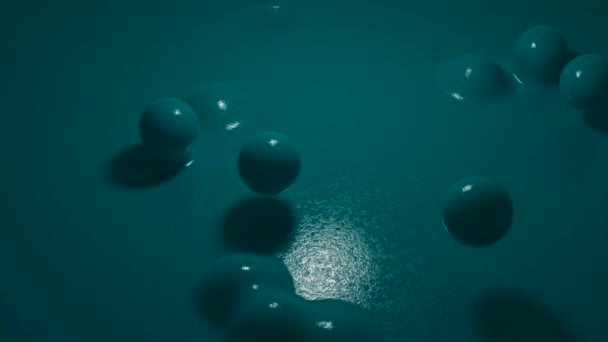Kugeln in 3D-Abstraktion. Design.Balls, die aus blauer Flüssigkeit herausfliegen und mit dem blauen Hintergrund verschmelzen. — Stockvideo