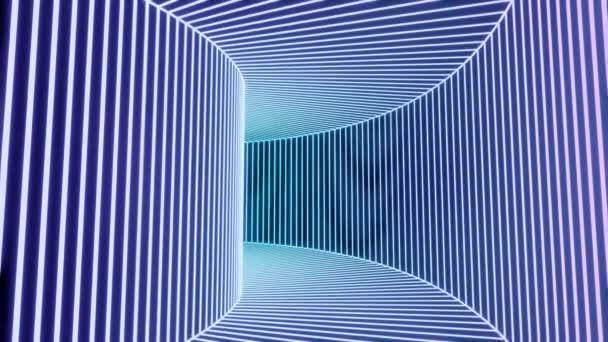 Bellissimo tunnel blu. Un tunnel blu con strisce luminose bianche che si muove in avanti. — Video Stock