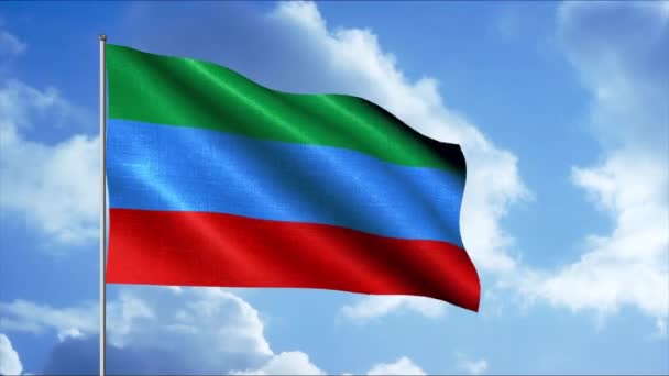 Флаг Дагестана, машущий на флагштоке на ветру, национальный символ свободы. Движение. Традиционный флаг, символизирующий гордость нации, патриотические чувства. — стоковое видео