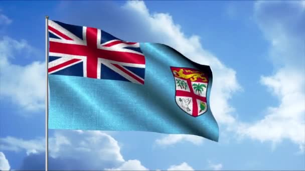 A fidzsi zászló a szélben a hazafiság fiji szimbólumát mutatja. Indítvány. Nemzeti hazafias jelvényekkel ellátott zászlórúd, zökkenőmentes hurok. — Stock videók