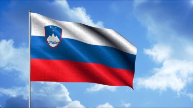 Ülkelerin güzel bayrakları rüzgarda dalgalanıyor. Hareket. Arkadaki gökyüzünde bayrak direği yükseliyor. Slovenya bayrağının 3D animasyonu