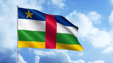 Gökyüzünün arka planında dalgalanan bayrak direği. Hareket. Ülkenin güzel bayrağı gökyüzünde dalgalanıyor. Orta Afrika Cumhuriyeti bayrağıyla vatansever ruhu yükseltiyor