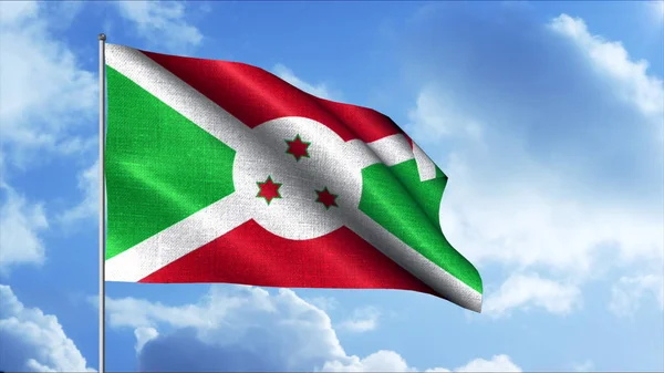 Patrióticamente ondeando la bandera del país. Moción. Hermosa tela de la bandera en desarrollo en asta de la bandera en el cielo. Bandera de Burundi en el fondo del cielo — Foto de Stock