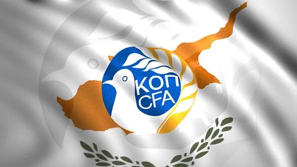 Bandiere di paesi con emblemi di società calcistiche. Mozione. Primo piano della tela 3D in movimento con logo della squadra di calcio. Emblema della nazionale di calcio di Cipro — Foto Stock
