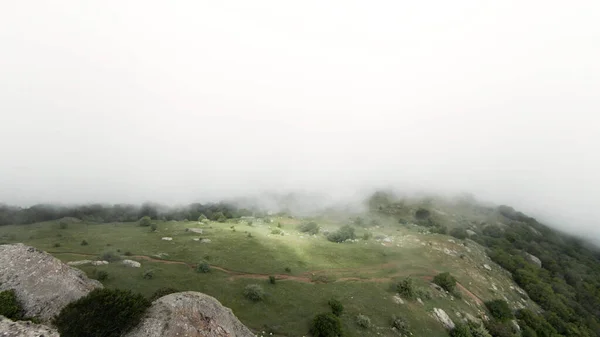 Elképesztő szokatlan sziklák és zöld fű felett repül a ködben. Felvétel. Légi kilátás kő hegy tetején és a felhők. — Stock Fotó
