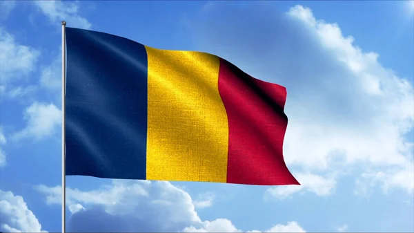 Waving flag of country on background of sky. Motion. Beautiful 3D flag with flagpole flutters in wind. Flag of Romania in wind — Stock Photo, Image