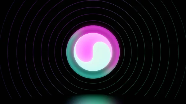 Ljus belysning i mitten. Design. En abstraktion av en vacker ljus rosa och grön boll som vänder sina färger och runt vilken tunna cirklar som cirkel . — Stockfoto