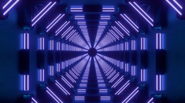 Kırmızı ve mavi arka plan. Görev. Yanlarda parlak fenerlerle yanan parlak bir tünel.