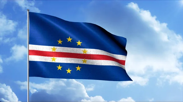 Patrioticamente acenando bandeira do país. Moção. Belo tecido de bandeira que se desenvolve no mastro de bandeira no céu. Bandeira de Cabo Verde no fundo do céu — Fotografia de Stock