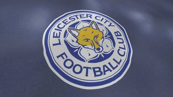 Bendera negara-negara dengan lambang klub sepak bola. Gerak. Close-up dari bergerak 3D kanvas dengan logo klub sepak bola. Lambang klub sepak bola Leicester — Stok Foto