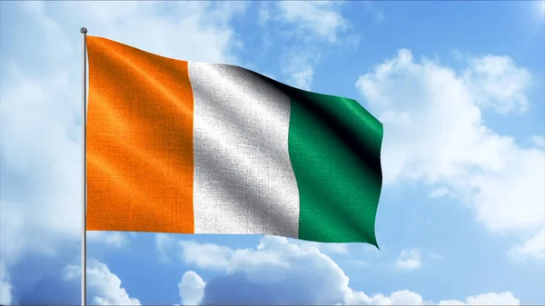Waving flag of country on background of sky. Motion. Beautiful 3D flag with flagpole flutters in wind. Ivory Coast flag in wind — Stock Photo, Image