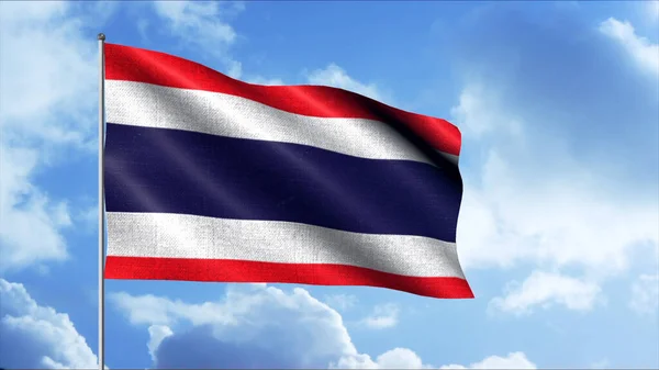 Patriotyczne flagi kraju trzepoczą na wietrze. - Wniosek. Flaga na maszcie flagowym trzepocze na tle nieba i porusza chmury. Flaga 3D Tajlandii — Zdjęcie stockowe