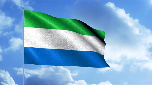Gökyüzünün arka planında ülkenin bayrağını sallıyor. Hareket. Rüzgarda dalgalanan bayrak direğiyle üç boyutlu güzel bir bayrak. Sierra Leone bayrağı rüzgarda — Stok fotoğraf