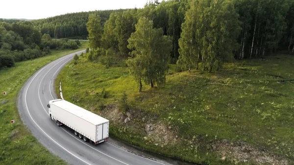 Vista aérea del avión no tripulado de un coche de camión que conduce en una carretera de flexión entre árboles verdes. Escena. Blanco largo coche de carga en el camino vacío cerca del bosque de verano. — Foto de Stock