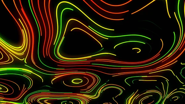 Black background. Motion. Bright multicolored lines shine and stretch to create patterns. — Stockfoto