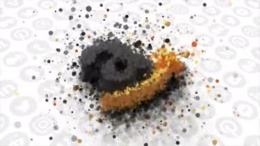 Yuvarlak parçacıklardan oluşan soyut Amazon logosu. Hareket. Ünlü sosyal ağların arka planında bir e-ticaret Amerikan şirketinin simgesi. Sadece yazı işleri için..