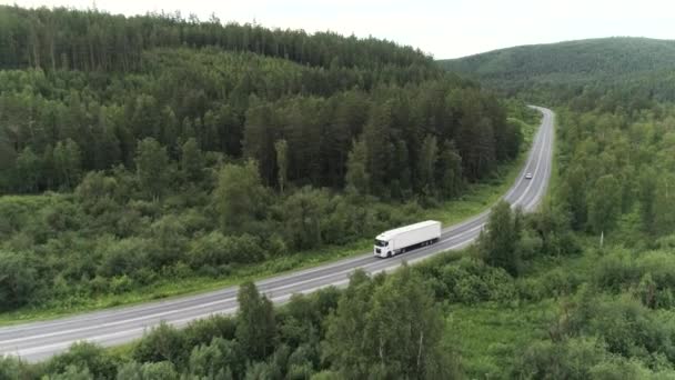 Воздушный беспилотник с видом на грузовик, движущийся по извилистой дороге среди зеленых деревьев. Сцена. Белый длинномерный грузовой автомобиль на пустой дороге возле летнего леса. — стоковое видео