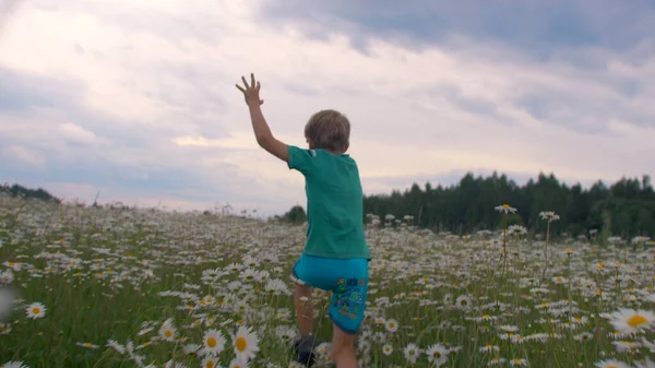 緑の野を走る幸せな子供のリアビュー。創造的だ。腕と手で草や花に触れると気楽に走る子供. — ストック写真