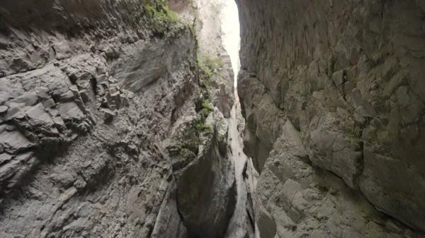 Formação geológica com uma passagem muito estreita. Acção. Vista inferior do desfiladeiro de pedra com vegetação. — Fotografia de Stock